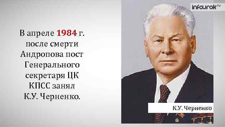 В апреле 1984 г. после смерти Андропова пост Генерального секретаря ЦК КПСС занял К.