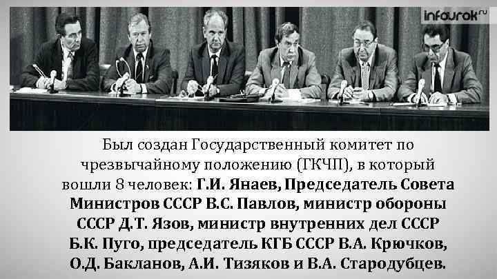 Был создан Государственный комитет по чрезвычайному положению (ГКЧП), в который вошли 8 человек: Г.