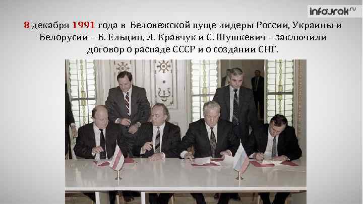 8 декабря 1991 года в Беловежской пуще лидеры России, Украины и Белорусии – Б.