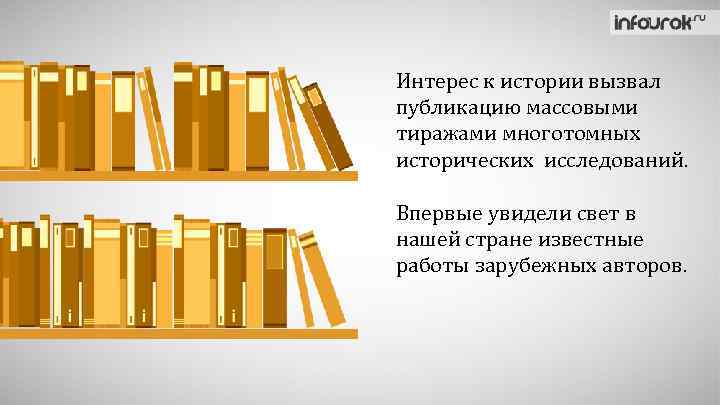 Интерес к истории вызвал публикацию массовыми тиражами многотомных исторических исследований. Впервые увидели свет в