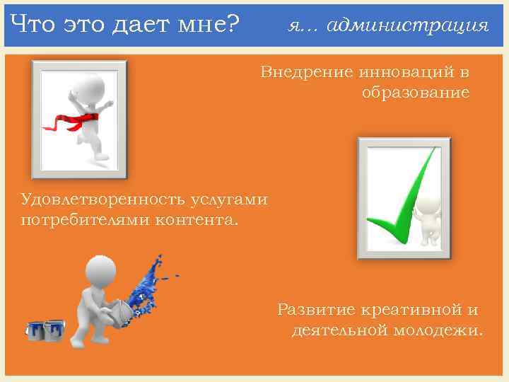 Что это дает мне? я… администрация Внедрение инноваций в образование Удовлетворенность услугами потребителями контента.
