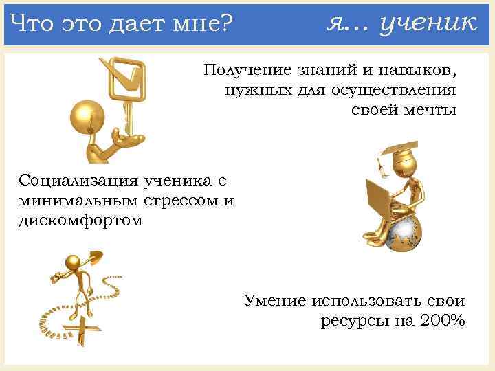 Что это дает мне? я… ученик Получение знаний и навыков, нужных для осуществления своей