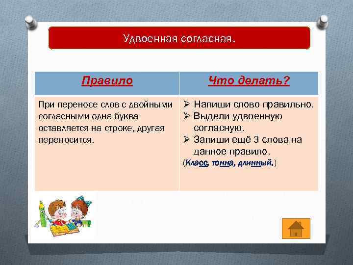 Удвоенная согласная. Правило Что делать? При переносе слов с двойными согласными одна буква оставляется