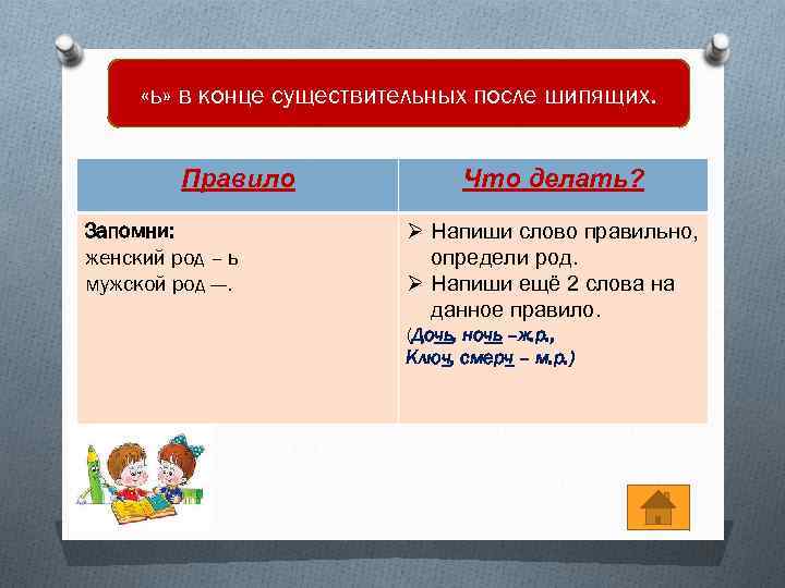  «ь» в конце существительных после шипящих. Правило Запомни: женский род – ь мужской