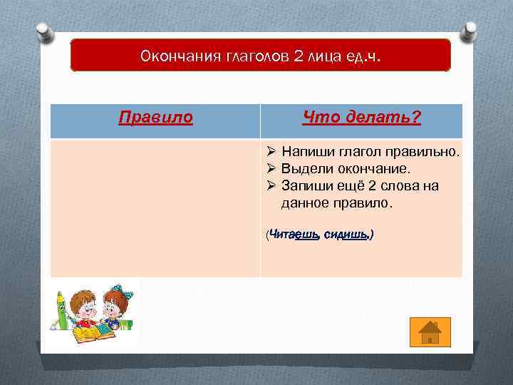 Окончания глаголов 2 лица ед. ч. Правило Что делать? Ø Напиши глагол правильно. Ø