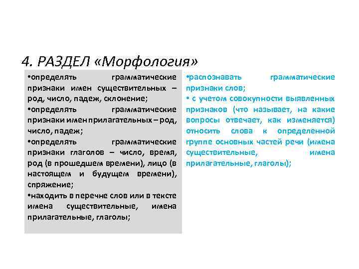 4. РАЗДЕЛ «Морфология» • определять грамматические признаки имен существительных – род, число, падеж, склонение;