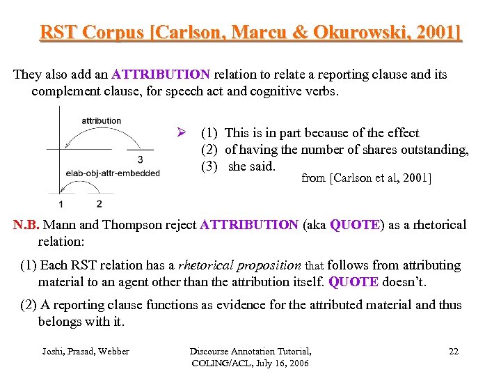 RST Corpus [Carlson, Marcu & Okurowski, 2001] They also add an ATTRIBUTION relation to
