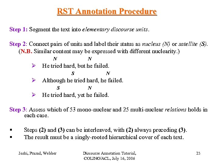 RST Annotation Procedure Step 1: Segment the text into elementary discourse units. Step 2: