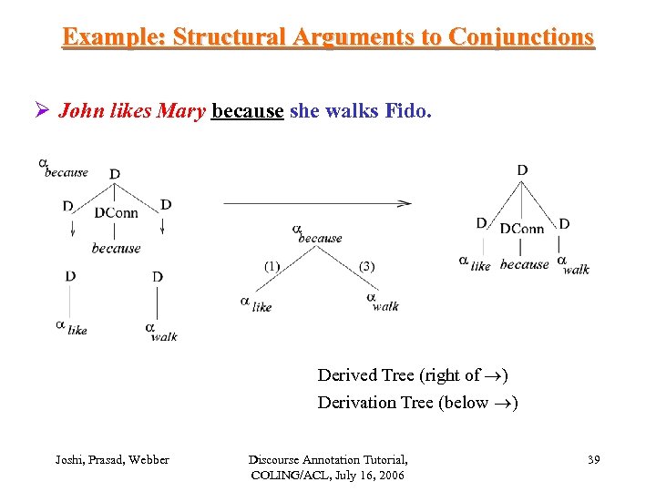 Example: Structural Arguments to Conjunctions Ø John likes Mary because she walks Fido. Derived