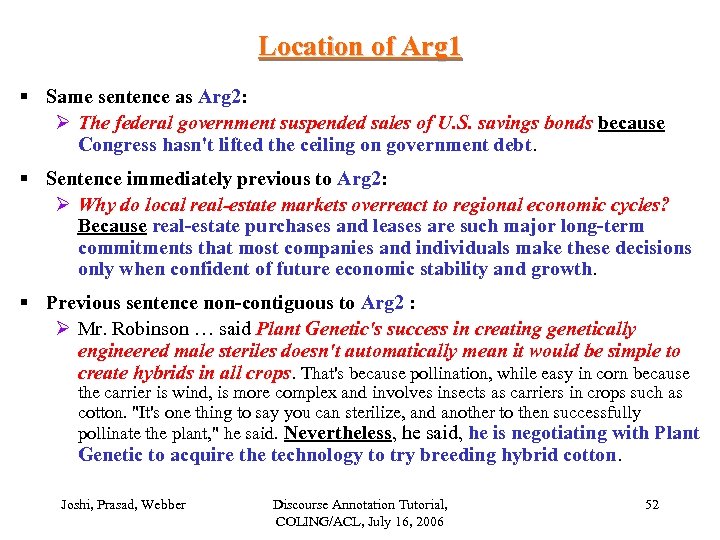 Location of Arg 1 § Same sentence as Arg 2: Ø The federal government