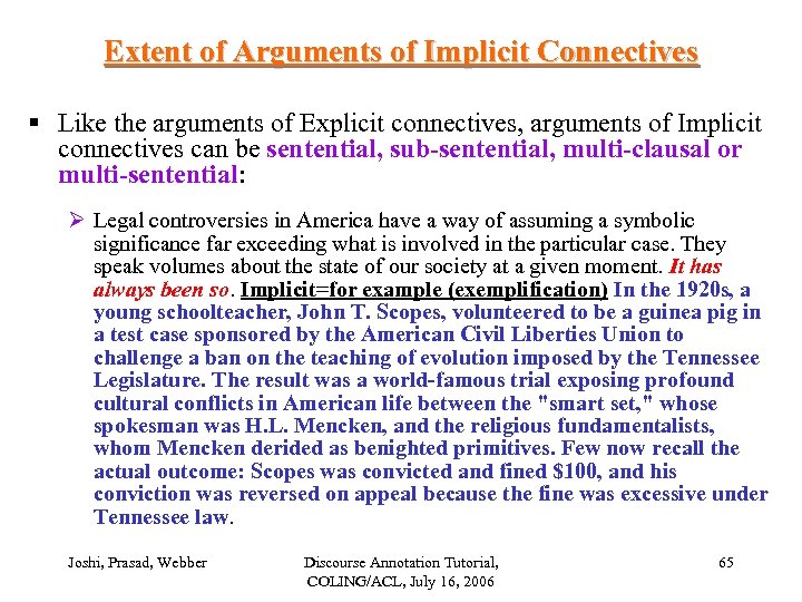 Extent of Arguments of Implicit Connectives § Like the arguments of Explicit connectives, arguments