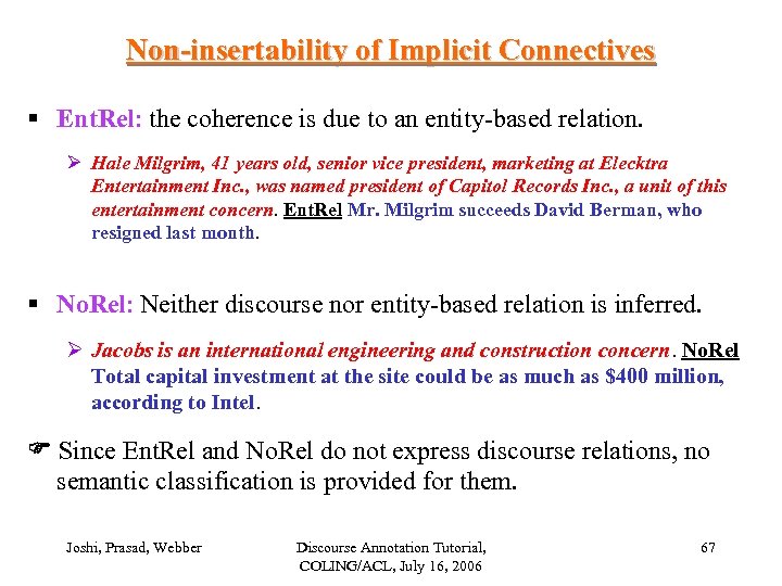 Non-insertability of Implicit Connectives § Ent. Rel: the coherence is due to an entity-based