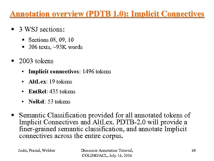 Annotation overview (PDTB 1. 0): Implicit Connectives § 3 WSJ sections: § Sections 08,