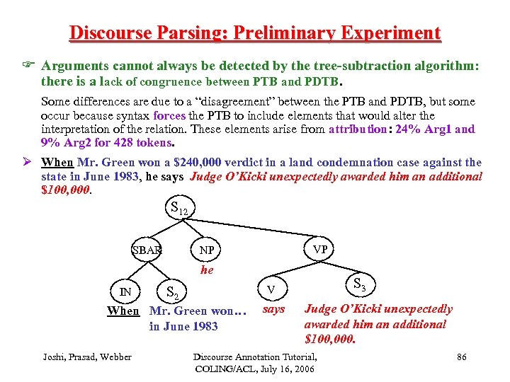 Discourse Parsing: Preliminary Experiment Arguments cannot always be detected by the tree-subtraction algorithm: there