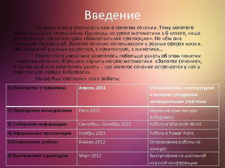 Введение Сегодня, я хочу рассказать вам о золотом сечении. Тему золотого сечения я взяла