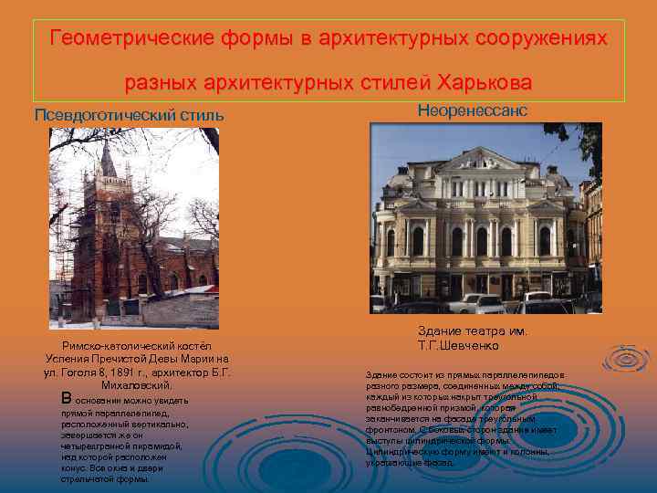 Геометрические формы в архитектурных сооружениях разных архитектурных стилей Харькова Псевдоготический стиль Римско-католический костёл Успения