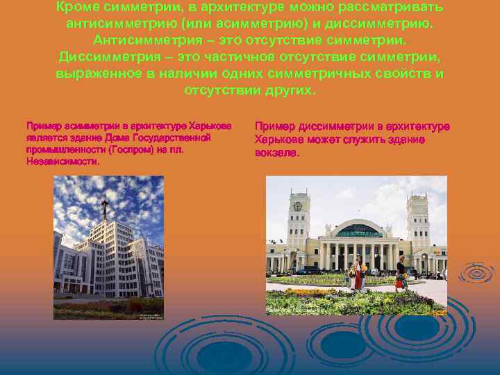 Кроме симметрии, в архитектуре можно рассматривать антисимметрию (или асимметрию) и диссимметрию. Антисимметрия – это