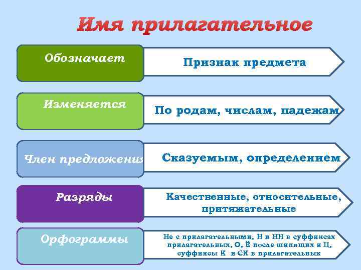 Имя прилагательное Обозначает Признак предмета Изменяется По родам, числам, падежам Член предложения Сказуемым, определением