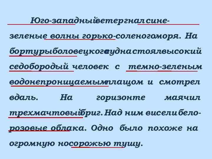 Юго-западный ветер гнал синезеленые волны горько-соленогоморя. На борту рыболовецкого судна стоялвысокий седобородый человек с
