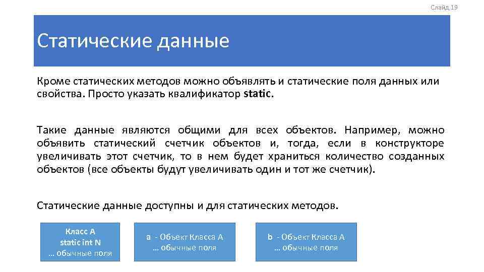 Слайд 19 Статические данные Кроме статических методов можно объявлять и статические поля данных или