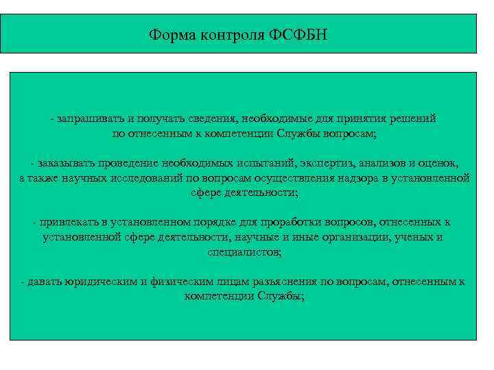 Форма контроля ФСФБН - запрашивать и получать сведения, необходимые для принятия решений по отнесенным