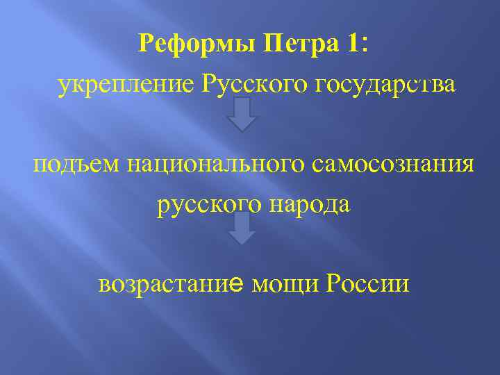 Реформы Петра 1: укрепление Русского государства подъем национального самосознания русского народа возрастание мощи России