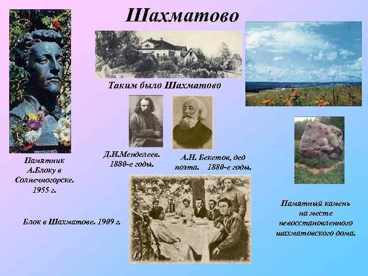Шахматово Таким было Шахматово Памятник А. Блоку в Солнечногорске. 1955 г. Д. И. Менделеев.