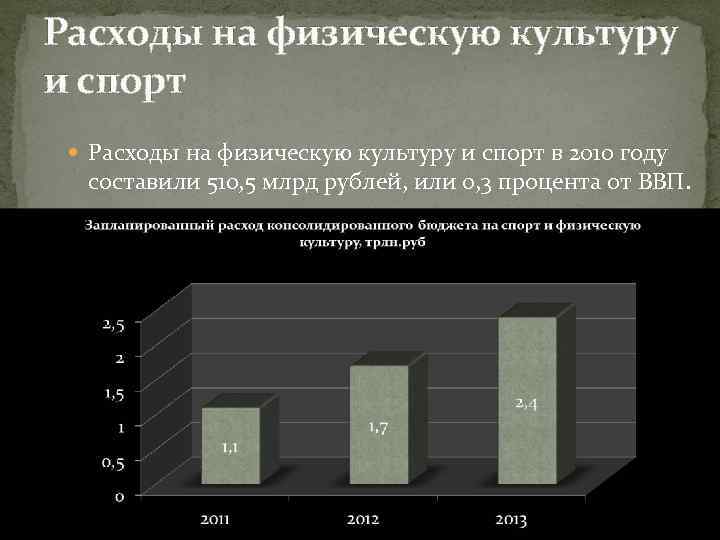 Расходы на физическую культуру и спорт в 2010 году составили 510, 5 млрд рублей,