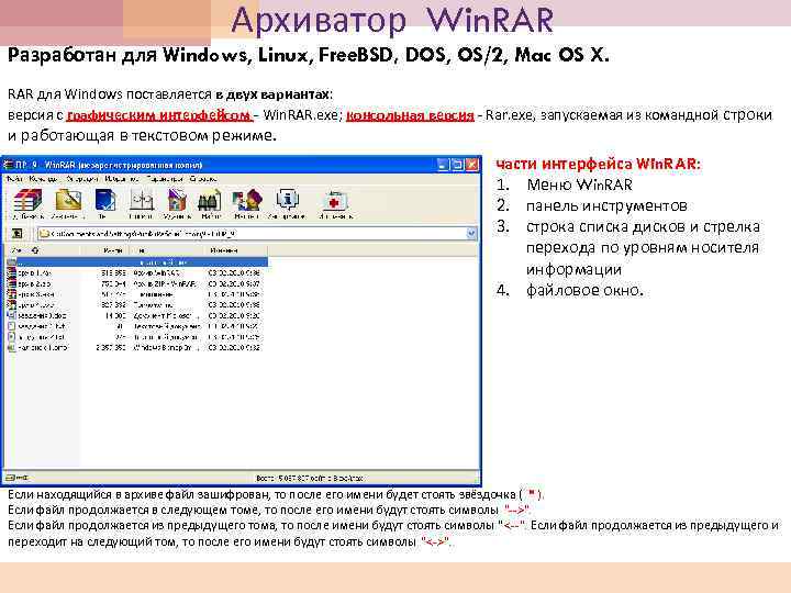 Архиватор Win. RAR Разработан для Windows, Linux, Free. BSD, DOS, OS/2, Mac OS X.