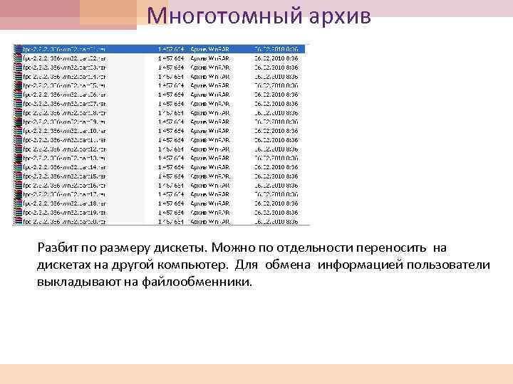 Многотомный архив Разбит по размеру дискеты. Можно по отдельности переносить на дискетах на другой