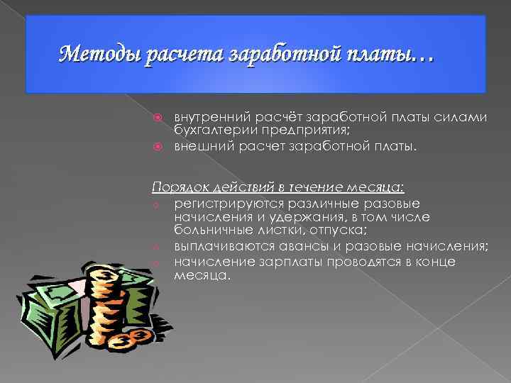 Методы расчета заработной платы… внутренний расчёт заработной платы силами бухгалтерии предприятия; внешний расчет заработной