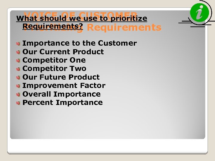 VOICE OF CUSTOMER What should we use to prioritize Requirements? Prioritizing Requirements Importance to