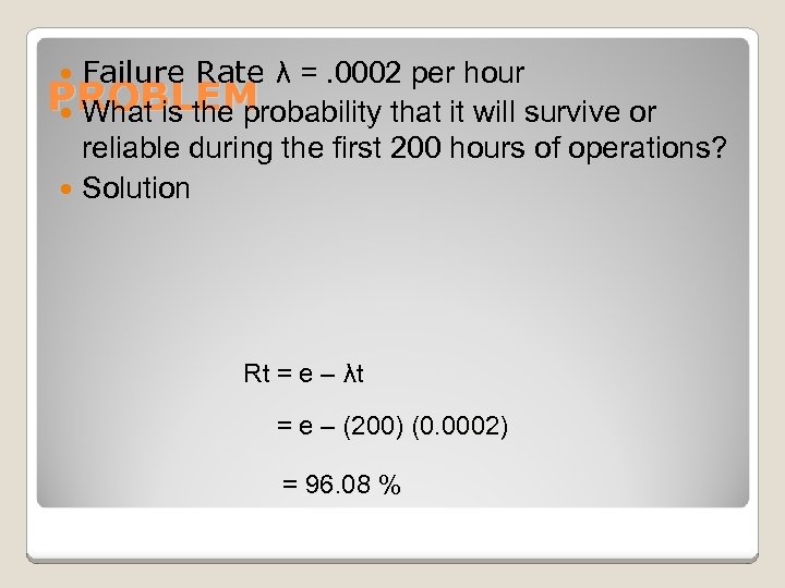 Failure Rate λ =. 0002 per hour PROBLEM What is the probability that it