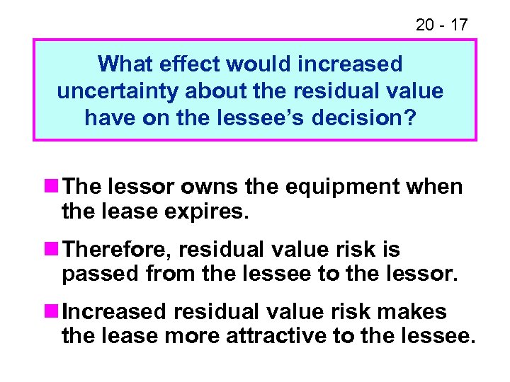 20 - 17 What effect would increased uncertainty about the residual value have on
