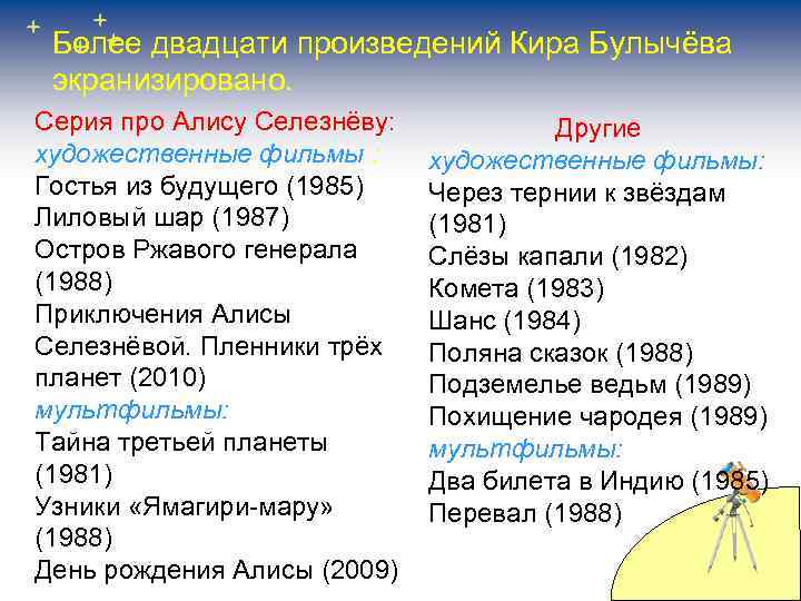 Более двадцати произведений Кира Булычёва экранизировано. Серия про Алису Селезнёву: художественные фильмы : Гостья