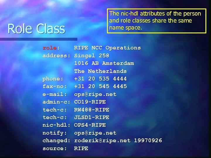 Role Class The nic-hdl attributes of the person and role classes share the same