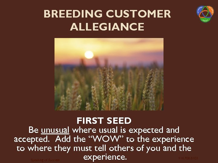 BREEDING CUSTOMER ALLEGIANCE FIRST SEED Be unusual where usual is expected and accepted. Add