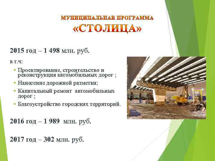 2015 год – 1 498 млн. руб. в т. ч: § Проектирование, строительство и