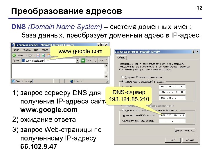 Преобразование адресов 12 DNS (Domain Name System) – система доменных имен: база данных, преобразует