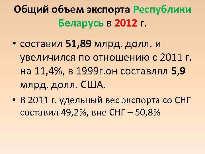 Общий объем экспорта Республики Беларусь в 2012 г. • составил 51, 89 млрд. долл.