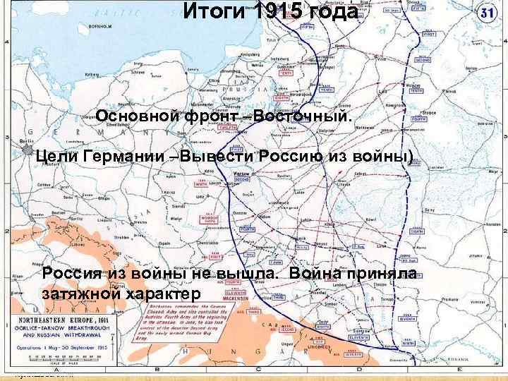 Итоги 1915 года 1915 г Основной фронт –Восточный. Цели Германии –Вывести Россию из войны)