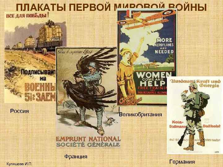 ПЛАКАТЫ ПЕРВОЙ МИРОВОЙ ВОЙНЫ Россия Великобритания Франция Куляшова И. П. Германия 