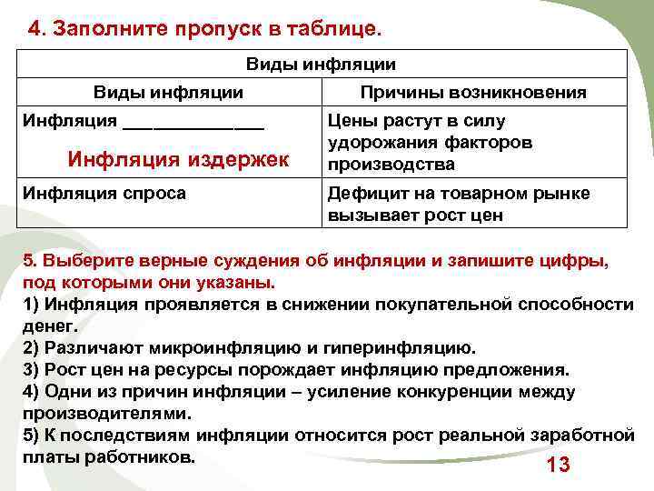 4. Заполните пропуск в таблице. Виды инфляции Инфляция _______ Инфляция издержек Инфляция спроса Причины