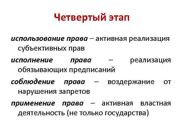 Четвертый этап использование права – активная реализация субъективных прав исполнение права – реализация обязывающих