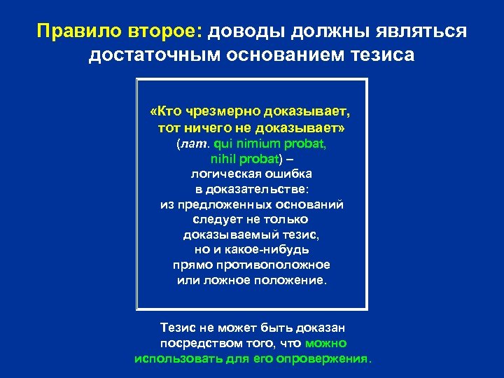 Правило второе: доводы должны являться достаточным основанием тезиса «Кто чрезмерно доказывает, тот ничего не