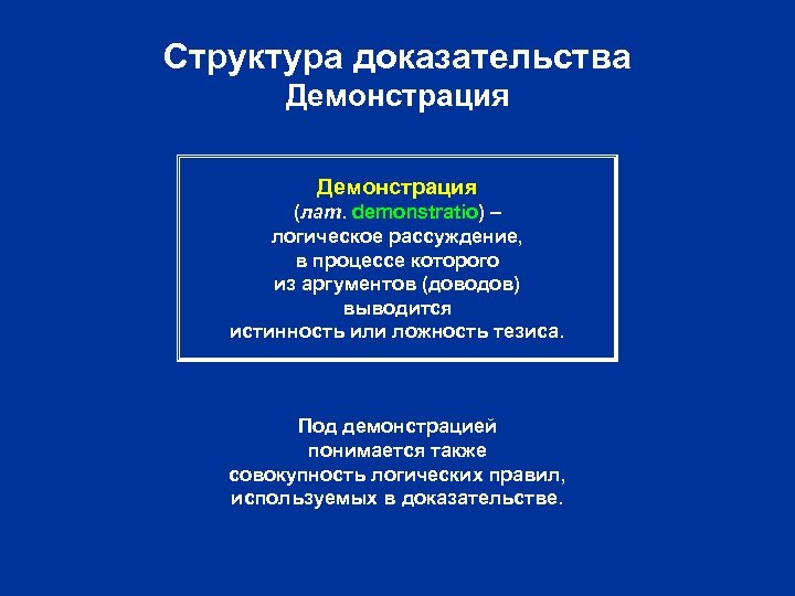 Структура доказательства Демонстрация (лат. demonstratio) – логическое рассуждение, в процессе которого из аргументов (доводов)