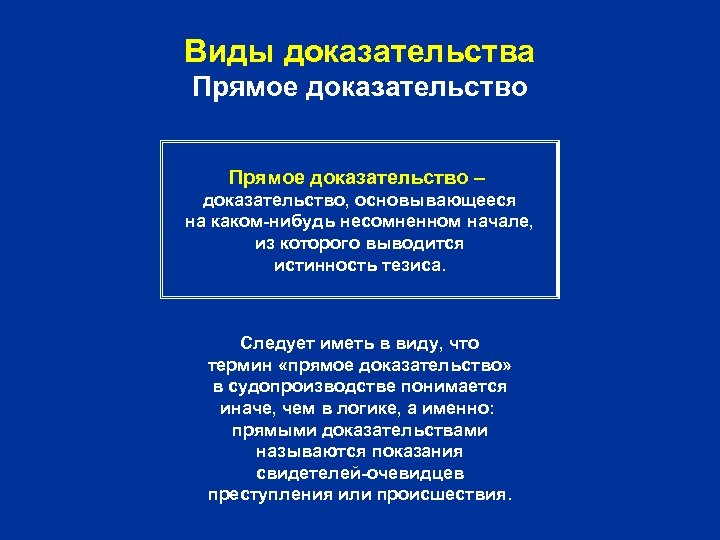 Виды доказательства Прямое доказательство – доказательство, основывающееся на каком-нибудь несомненном начале, из которого выводится