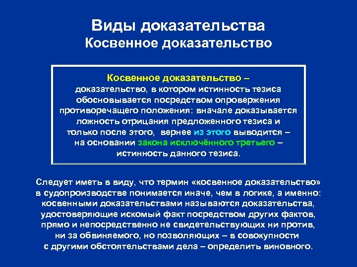 Виды доказательства Косвенное доказательство – доказательство, в котором истинность тезиса обосновывается посредством опровержения противоречащего