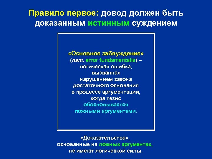 Правило первое: довод должен быть доказанным истинным суждением «Основное заблуждение» (лат. error fundamentalis) –