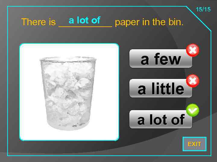 15/15 a lot of There is _____ paper in the bin. a few a